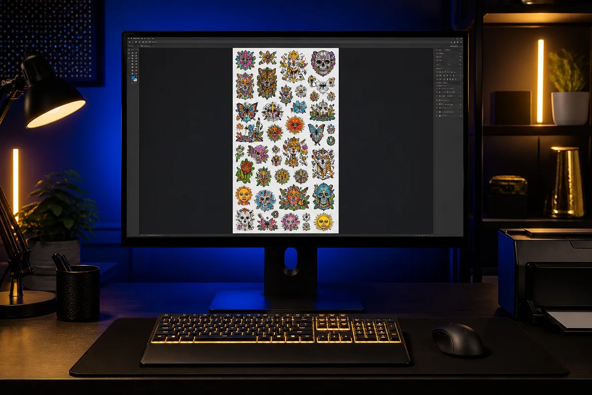 Digital gang sheet filled edge-to-edge with colorful transfer designs