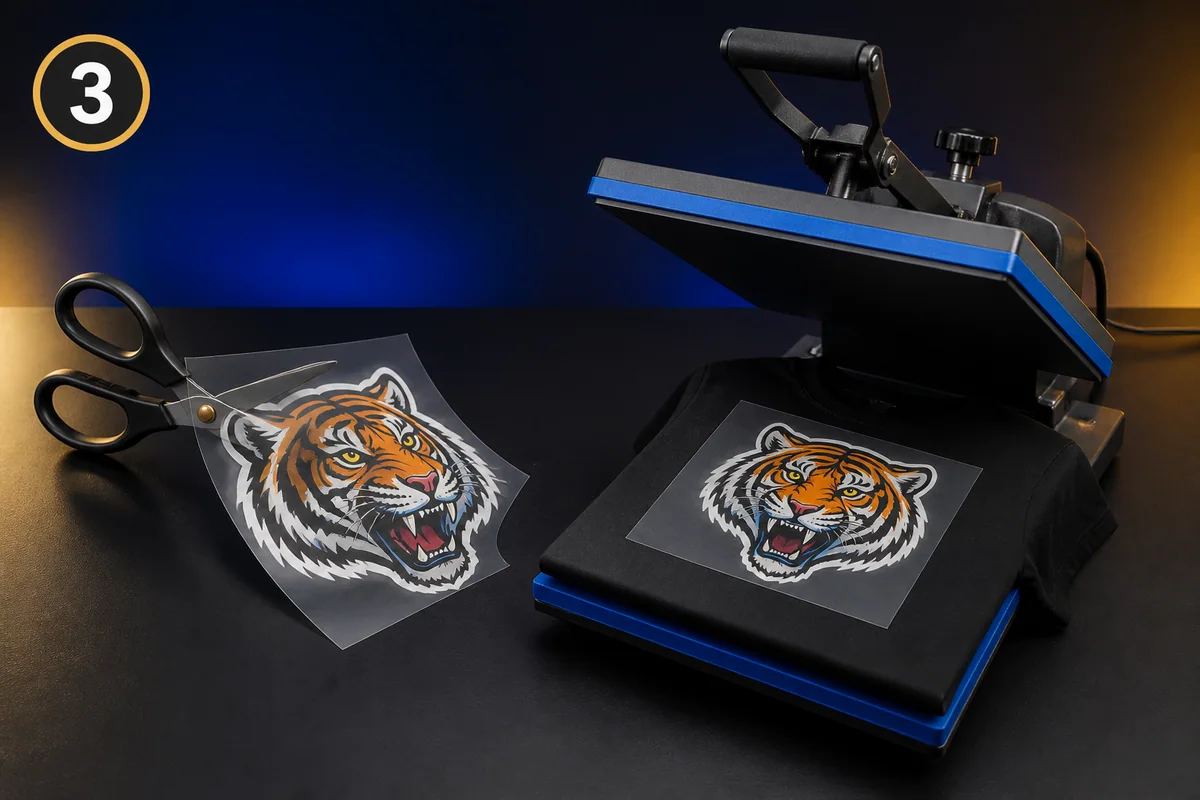 DTF transfer being cut and positioned on a shirt beneath a heat press
