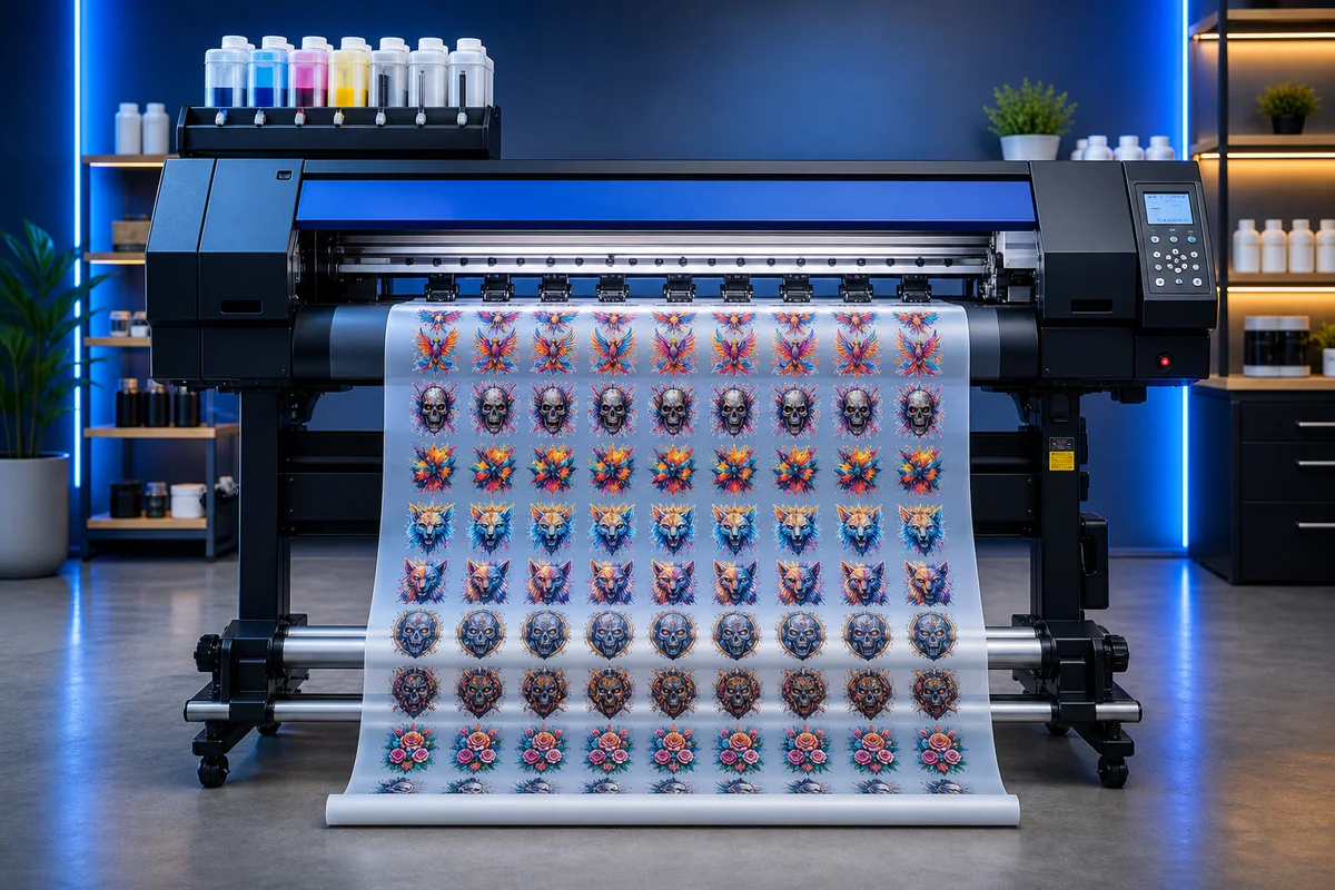 Professional DTF printer producing a colorful transfer film sheet