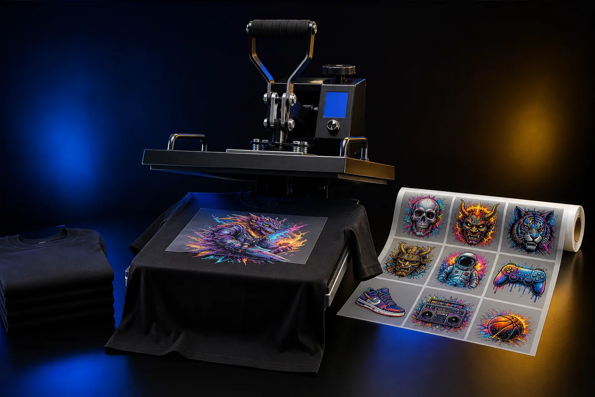 Heat press, custom shirt, and ready-to-press DTF transfer sheet