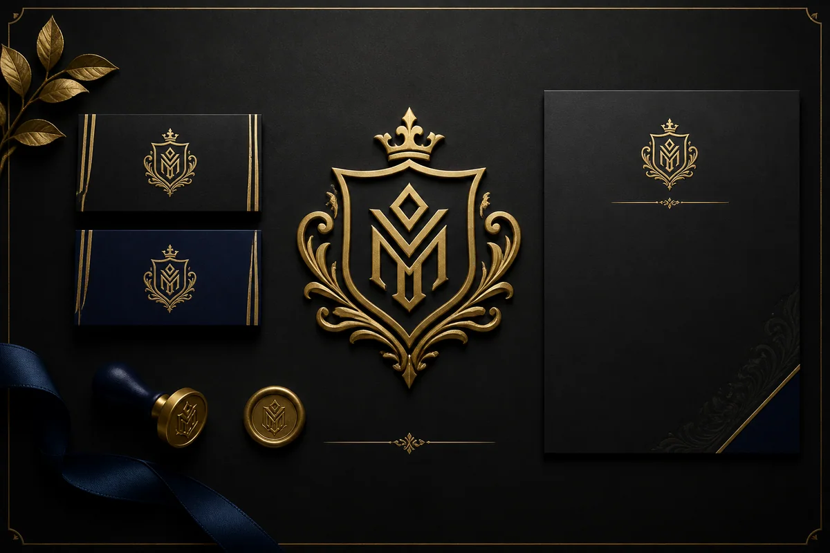 Fancy original gold crest logo and luxury brand identity presentation